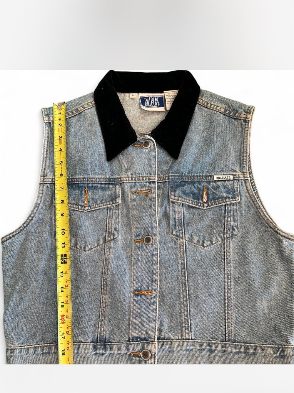 Billblass Vintage Denim Vest with Black Corduroy Collar - Picture 5 of 8